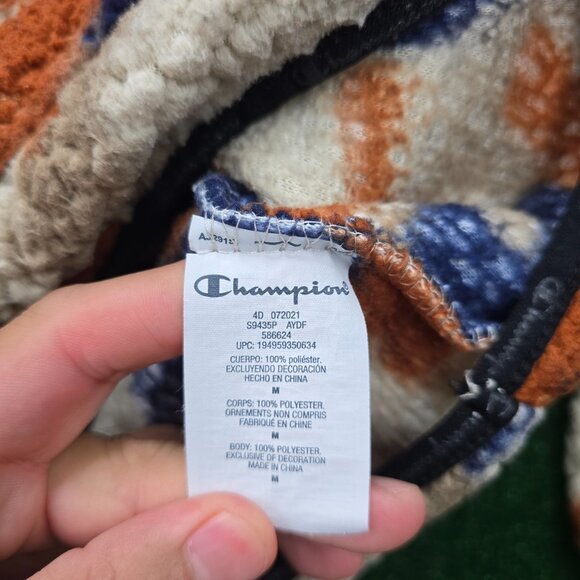 Champion Hoodie Mens Medium Brown Blue Sherpa Camo Fleece Pullover Sweatshirt - Picture 11 of 12